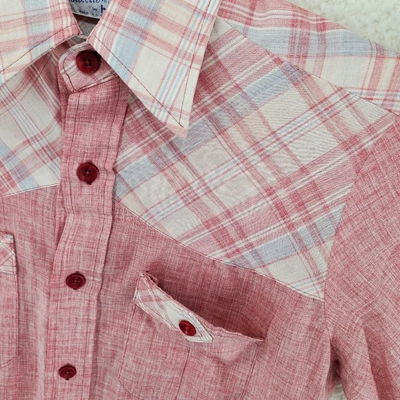 Vtg 60s Shirt Men S 14 14.5 Button Up SS Solid Plaid Western H.I.S. 2 Pocket - Picture 8 of 13